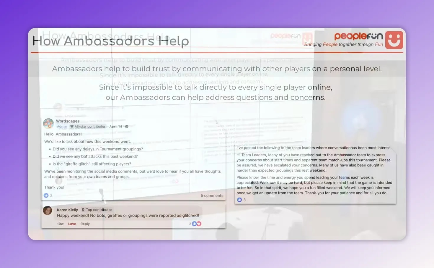 Close-up of presentation slide 'How Ambassadors Help' with example player-to-ambassador conversation text