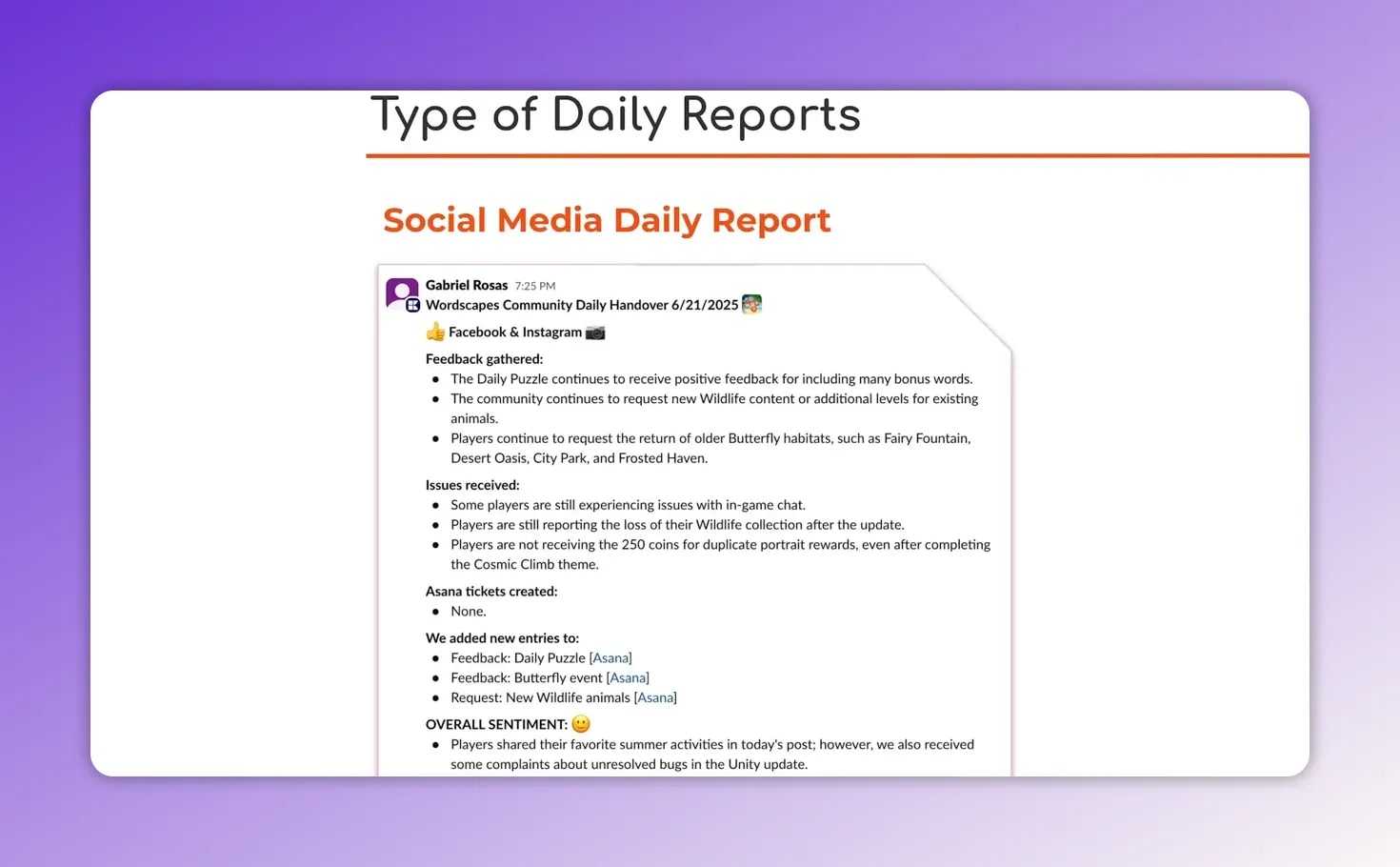 High-clarity screenshot of the “Social Media Daily Report” template showing issues received and overall sentiment