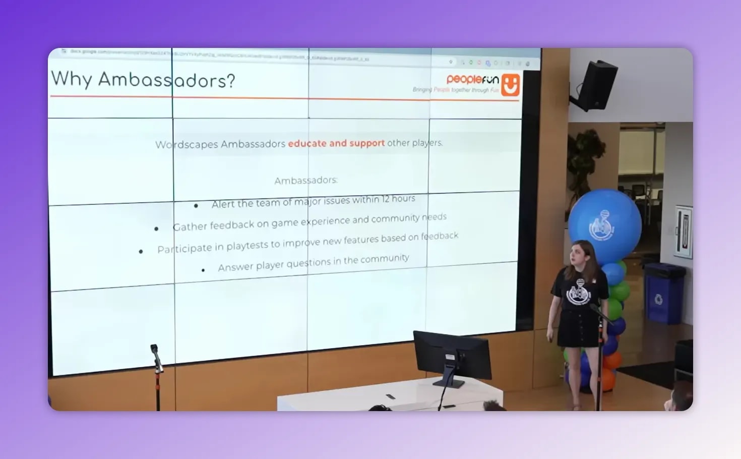 Slide listing Wordscapes Ambassador responsibilities including alerting issues within 12 hours and gathering feedback