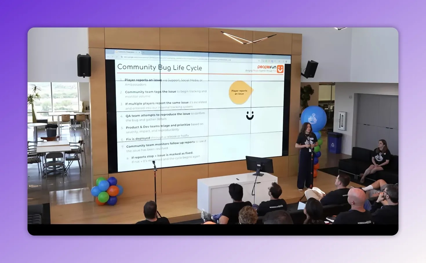 WordscapesCon presentation slide titled Community Bug Life Cycle with step-by-step bug workflow